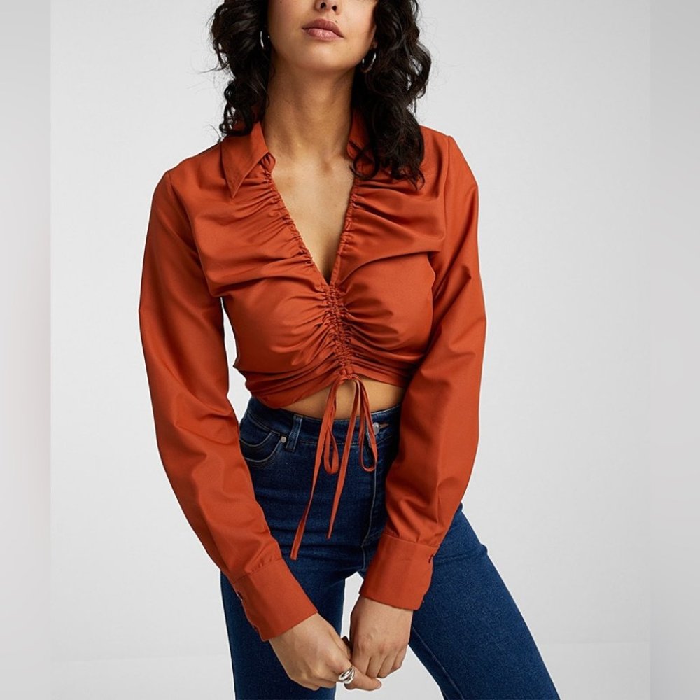 Simons Milk & Honey Orange Shirt Collar Ruched Blouse